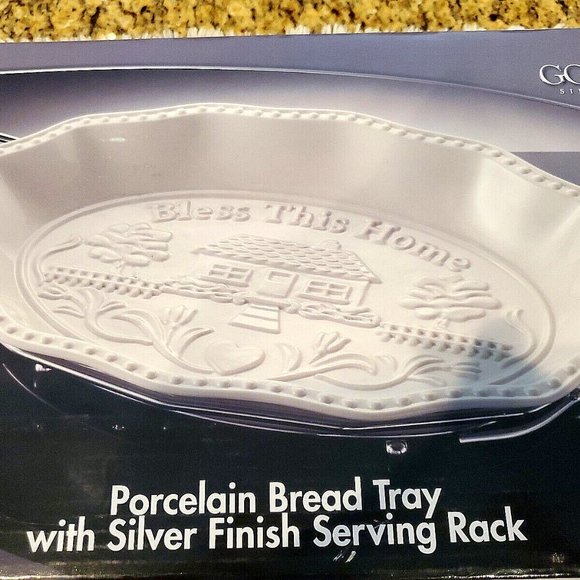 Godinger White Porcelain Bread Tray With Silver Finish Serving Rack - NEW in BOX - Picture 4 of 5